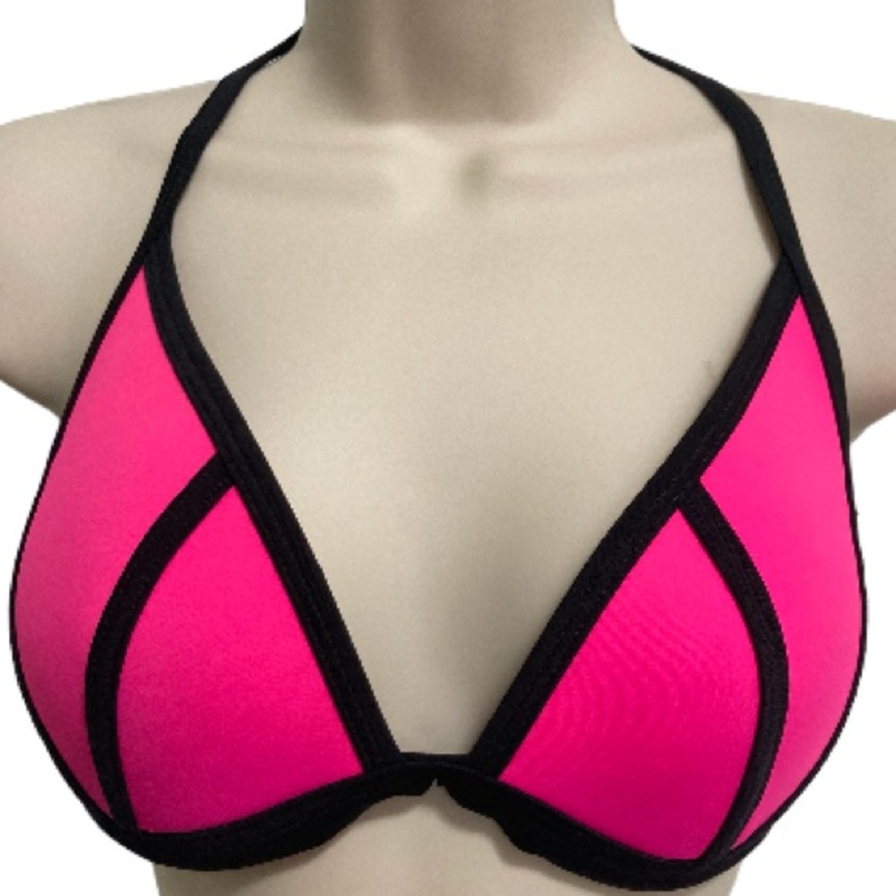 VICTORIAS SECRET PINK Hot Pink and Black Padded Triangle Bikini Top Large